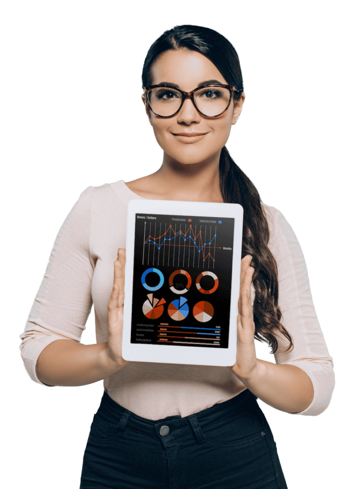 Woman holding tablet with charts on it