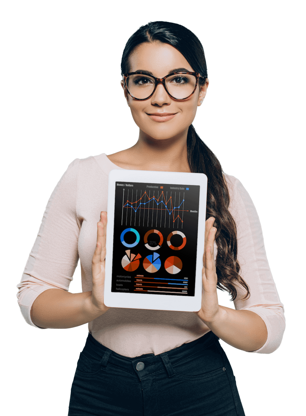 Woman holding tablet with charts on it